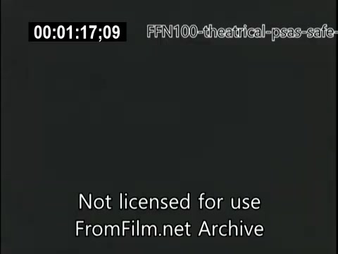 The still is from a 16mm archival film featuring a theatrical public service announcement from 1949, focused on safe driving. The image includes a timecode and a watermark indicating it is not licensed for use, with a reference to the FromFilm.net Archive. The overall tone is likely educational, emphasizing the importance of road safety in that era.