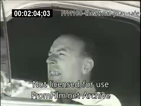 The still features a close-up of a man in a car, expressing concern or frustration, likely related to driving. The context is a 1949 theatrical public service announcement focused on safe driving, emphasizing the importance of road safety. The imagery reflects the era's style and messaging aimed at educating the public.
