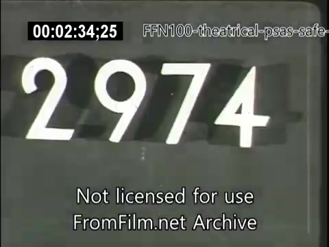 The still features a prominent display of the numbers '2974' against a simple background, likely serving as a title card or timestamp for the 1949 theatrical public service announcements focused on safe driving. The image is black and white, reflecting the film style of that era. An overlay indicates that the content is not licensed for use and belongs to FromFilm.net Archive.