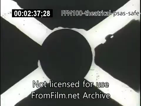 The still from the 1949 theatrical public service announcements for safe driving features a bold graphic design with a central circular shape set against a contrasting background. The image uses a striking black-and-white color scheme, likely emphasizing the theme of road safety. The composition may be designed to catch the viewer's attention and convey a message about safe driving practices, consistent with the public service announcement's purpose. The lower portion of the still includes a watermark indicating it is not licensed for use.