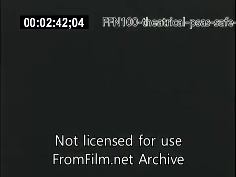 The still is from a 16mm film, specifically a 1949 theatrical public service announcement focused on safe driving. The frame likely features a simple design, emphasizing the importance of road safety, with text or visuals promoting responsible driving practices. The overall tone is educational, aiming to raise awareness about traffic safety during the era. The watermark indicates that it is not licensed for use and it is sourced from the FromFilm.net Archive.