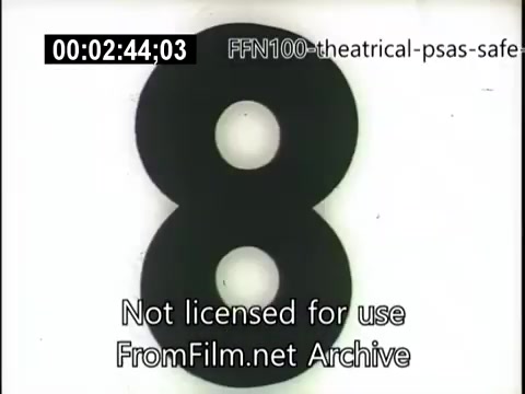 The still features a large, stylized numeral '8' against a plain background, likely indicating a segment or countdown in a public service announcement related to safe driving from 1949. The text at the bottom notes that the clip is not licensed for use and is part of an archive. The overall presentation reflects the visual style of mid-20th century media.