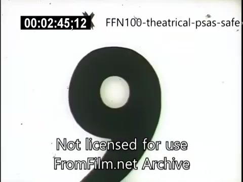 The 16mm still from the 1949 theatrical PSA for safe driving features a large, bold number '9' against a plain background. The image emphasizes clear visibility and simplicity, likely aimed at conveying a serious message about safe driving practices. The film is part of an effort to promote awareness and responsibility on the roads during that era. A watermark indicates it is not licensed for use, and a timecode is present in the corner.