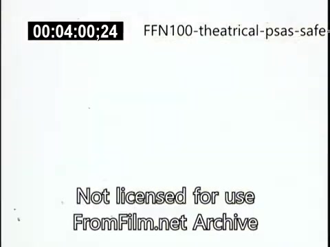 The still appears to be a frame from a 16mm film featuring a title card for 'FFN100 - Theatrical PSAs for Safe Driving' from 1949. The image includes a timestamp and a watermark indicating that it is not licensed for use, along with a source credit to FromFilm.net Archive. The overall tone suggests an emphasis on road safety awareness during a time when public service announcements were becoming more common.