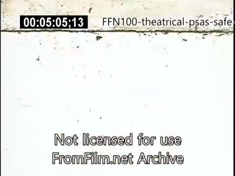 The still features a frame from a 16mm film labeled 'FFN100 - theatrical-psas-safe,' specifically highlighting public service announcements from 1949 focused on safe driving. The image includes a timestamp and watermark indicating that it's not licensed for use. The visuals appear minimal, with a plain background that may have dirt or wear, emphasizing the basic presentation style typical of mid-20th century film.