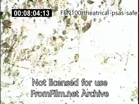 The still features a faded, textured backdrop, likely indicative of wear from age. It includes a timestamp and a watermark noting that it is not licensed for use. The context suggests it belongs to a series of theatrical public service announcements from 1949 focused on promoting safe driving practices. The overall presentation emphasizes the era's commitment to traffic safety awareness.