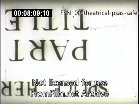 The 16mm still from '1949 Theatrical Public Service Announcements for Safe Driving' features a title card, likely indicating the theme of safe driving. The text appears upside down, possibly suggesting a design or editing choice. The image includes a watermark indicating it is not licensed for use and credits the archive source. Overall, the focus is on conveying an important message about driving safety from that era.