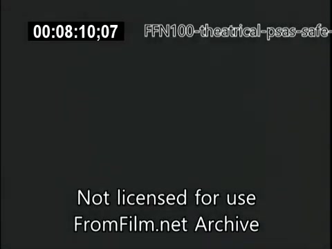 The still from the 1949 theatrical public service announcements for safe driving features a simple black screen with a time code and a watermark indicating it's not licensed for use. This minimalistic presentation likely serves to focus the viewer's attention on the important safety messages conveyed in the accompanying visuals and narratives of the announcements.