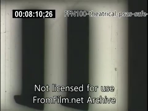 The 16mm still features a scene from a 1949 theatrical public service announcement focused on safe driving. The image includes a stylized representation, likely using animation or silhouettes, showcasing elements associated with driving. The text overlay indicates that the content is not licensed for use, and the source is FromFilm.net Archive. The overall tone reflects the era’s emphasis on promoting road safety awareness.