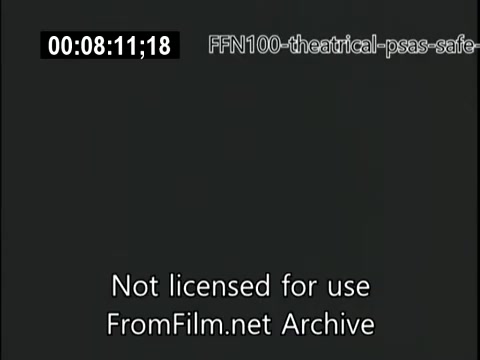 The still is from a 16mm film featuring theatrical public service announcements from 1949 focused on safe driving. It likely includes messages or visual elements intended to promote road safety to the public. The overlay indicates that the content is not licensed for use and comes from the FromFilm.net archive.