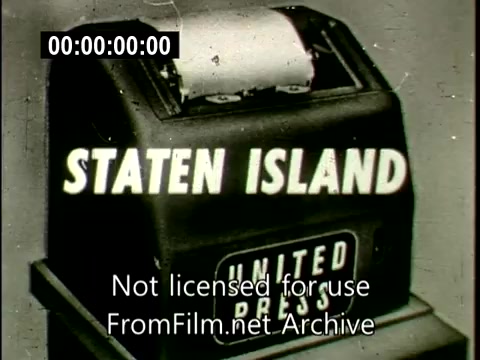 The still features a vintage news ticker, prominently displaying the words 'STATEN ISLAND' and 'UNITED PRESS.' The film is likely a news segment related to the tragic mid-air collision involving a Lockheed Constellation (N6907C) and a DC plane on December 16, 1960. The design reflects the style of mid-20th century news broadcasts. The background is simple, focusing attention on the text, conveying a somber tone appropriate for reporting a disaster.