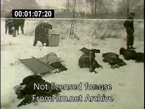 The still from 'Staten Island Plane Crash Aftermath - December 16th 1960' depicts a somber scene following the mid-air collision of a Lockheed Constellation and a DC aircraft. In the foreground, covered bodies lie on the snowy ground, indicative of the tragedy. Rescuers or investigators are seen in the background, attending to the scene. The stark, muted tones and bleak environment capture the gravity of the aftermath, highlighting the impact of this aviation disaster. The footage is attributed to United Press and underscores the historical significance of the event.