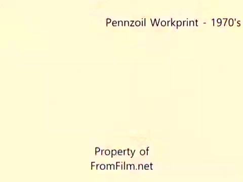 The still features a title card for 'Pennzoil Workprint - 1970's,' suggesting it's a workprint of a film related to the Pennzoil refinery from that era. The image conveys a vintage aesthetic typical of 16mm film, with text placed prominently. At the bottom, it notes the property rights of FromFilm.net. The mention of debris in the film gate indicates some imperfections typical of older film prints. The accompanying music tracks from Underbelly suggest an atmospheric background to the visual content.
