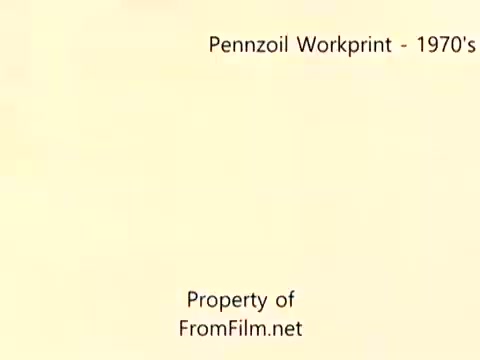 The still from 'Pennzoil Factory/Refinery Workprint - 1980's' showcases a title screen with a simple, neutral background. The text indicates the workprint is from the 1970s. At the bottom, it notes the property of FromFilm.net. The film is characterized by noticeable debris in the film gate, suggesting it has not been digitally restored. The accompanying music is by Underbelly, featuring tracks such as 'I Hear Voices,' 'Asterism,' 'Italy Jr.,' and 'Land's End.'