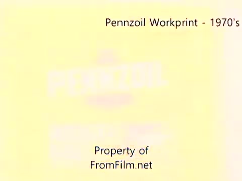 The still features a title card for the 'Pennzoil Workprint - 1970's' with a faded yellow background. The text indicates that it is a workprint from a 16mm negative, possibly showcasing footage related to Pennzoil's refinery operations. The mention of 'Property of FromFilm.net' suggests ownership and distribution rights. The overall appearance reflects the vintage aesthetic typical of 1980s film prints.
