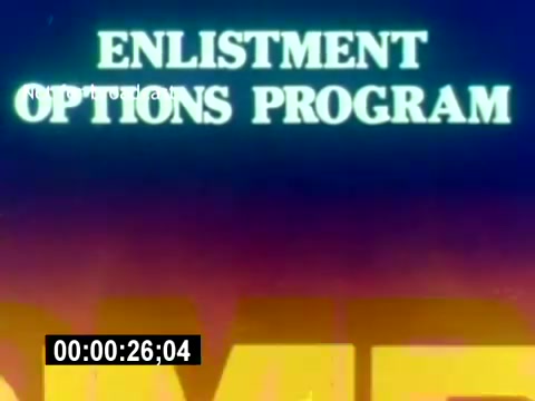 The still from the 'USMC Aviation Ordnance Recruiting Film - Silent' features a bold, graphic text that reads 'ENLISTMENT OPTIONS PROGRAM.' The background showcases a gradient of colors, likely red and blue, which adds visual interest. The timecode in the corner indicates the moment in the film, suggesting a structured presentation aimed at potential recruits. The overall design emphasizes clarity and engagement, typical for recruitment materials.