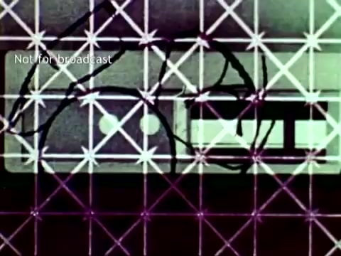 The still from IBM's 1963 film 'The Information Center' features an abstract presentation of IBM technology, including visual elements that suggest data processing tools like punch cards. The image is characterized by a grid overlay, symbolizing organization and efficiency in handling educational data, highlighting how early computer technology could facilitate course enrollment and grade management. The retro aesthetic reflects the era's technological advancement.