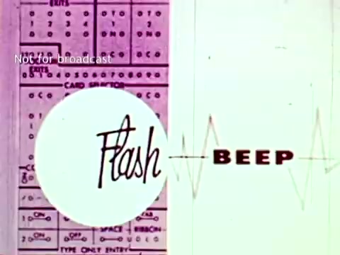 The still from 'IBM - The Information Center (1963)' features a visually striking combination of text and graphics. The word 'Flash' is presented in a stylized font within a circular shape, accompanied by the word 'BEEP' in a bold, undulating format, suggesting the operation of technology. Behind this, there are elements resembling data tables or punch card patterns, indicative of the computing systems used in educational settings during that era. The overall design emphasizes the technological advancements IBM provided for managing grades and course enrollment.