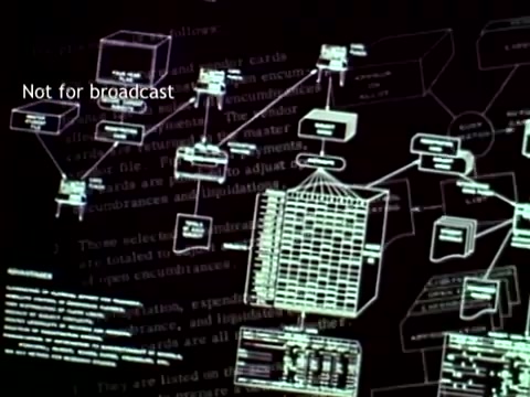 The still from 'IBM - The Information Center (1963)' features a flowchart or diagram that illustrates IBM's computer technology in relation to educational processes. It shows various computer components and connections used for managing tasks like grades and course enrollment. The layout suggests a systematic approach to data handling, highlighting the punch cards and databases prevalent at the time. The text 'Not for broadcast' indicates that this material is intended for internal use or educational purposes only.