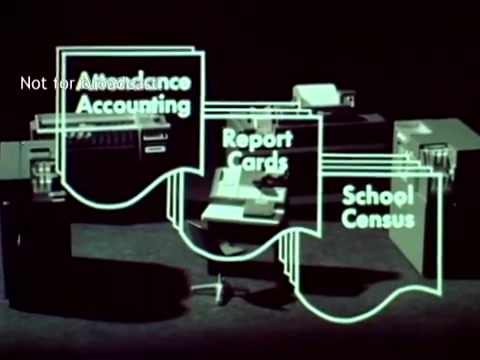 The still from 'IBM - The Information Center (1963)' features IBM's educational technology setup. It highlights various functions such as 'Attendance Accounting,' 'Report Cards,' and 'School Census,' visually represented with interconnected graphics. The scene showcases the use of early computer systems and punch cards to streamline administrative tasks in education, reflecting the innovative technological advancements of the time.