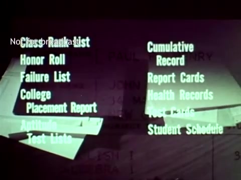 The still from 'IBM - The Information Center (1963)' showcases various educational administrative tasks facilitated by IBM's technology. Key items listed include 'Cumulative Record,' 'Report Cards,' 'Health Records,' and 'Student Schedule.' The visual highlights the use of punch cards and computer systems to manage grades, enrollment, and other student data efficiently. This reflects the era's innovative integration of technology in educational settings.