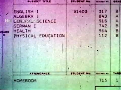 The 16mm still depicts a school-related document featuring a list of subjects, student numbers, and grades. Subjects include English, Algebra, German, Health, and Physical Education. The format suggests the use of early computing methods, likely involving punch cards, to manage educational data such as attendance and course enrollment, illustrating the application of IBM technology in academic settings during the 1960s.