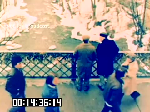 The still features a scenic outdoor setting, likely in a winter season, with a frozen river and snow-covered banks. A group of people stands on a bridge, gazing at the water below. They are dressed in winter clothing, indicating the chilly weather. In the foreground, a mix of individuals walks by, capturing a moment of everyday life in 1977. The image has a nostalgic, vintage quality typical of that era's film footage, with a timecode displayed at the bottom.