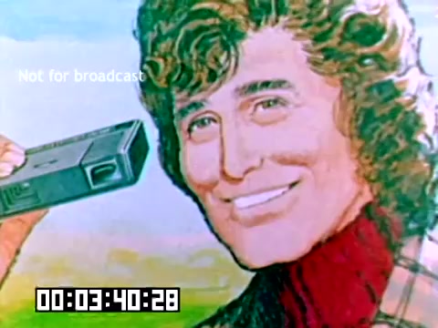 The still features a colorful illustration of a smiling man, styled with curly hair, wearing a patterned sweater. He appears to be engaging with a small, handheld camera, likely a Kodak product, indicative of the brand's promotional focus in the 1977 sales film. The background is bright and cheerful, complementing the upbeat nature of the advertising. A timestamp indicating the film duration and a 'Not for broadcast' label are visible at the bottom. The overall aesthetic evokes a nostalgic vibe, characteristic of the era.