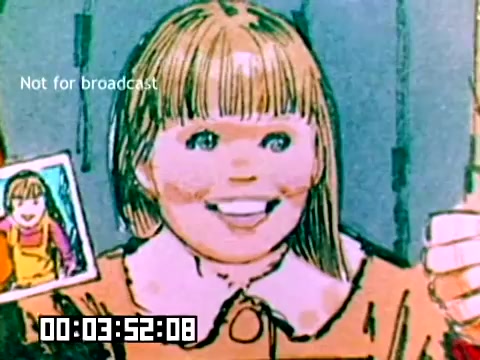 The still features a colorful, animated depiction of a young girl with a big smile. She is holding up a photo of herself, showcasing a cheerful expression. The artwork has a vintage style typical of the 1970s, with bright, bold colors and playful lines. In the background, blurred figures suggest a social setting, likely emphasizing photography's role in capturing moments. A timestamp at the bottom indicates the film's running time, and a 'Not for broadcast' label suggests this material is intended for internal use.