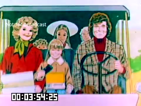 The still features a colorful, animated scene from a 1977 Kodak sales film. It shows a cheerful group of people in a golf cart, including two prominent figures, a man and a woman, likely representing well-known personalities of the time. The man, dressed in a plaid jacket, is driving, while the woman, with a stylish hairstyle and red scarf, sits beside him. There are children seated behind them, all appearing joyful. The background suggests an outdoor setting, enhancing the lively atmosphere of the scene. The image is marked 'Not for broadcast,' indicating its intended use for internal or promotional purposes only.