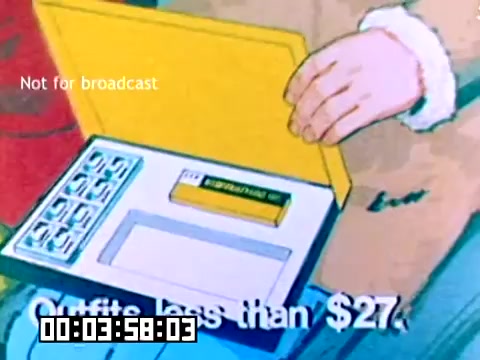 The still from the 1977 Kodak sales film features an animated hand holding open a yellow box. Inside the box, there's a battery and a compartment for items, with visuals of several film cartridges displayed. The text at the bottom indicates a price point of 'less than $27,' suggesting a promotional emphasis on affordability. The overall aesthetic conveys a vintage, playful feel typical of the era's marketing style.