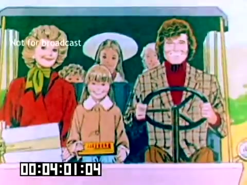 The still features a colorful animated scene depicting a joyful group of characters in a vehicle, likely in a family outing. Each character has a distinct, cheerful expression, suggesting a lighthearted mood. The adults are stylishly dressed, with one character at the wheel, while children are positioned in the back. The artistic style reflects the animated aesthetics of the late 1970s. A timestamp and a 'Not for broadcast' label are also present at the bottom, indicating its screening limitations.