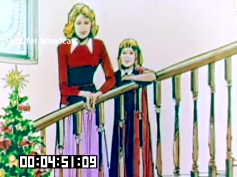 The still depicts a vibrant, animated scene with two characters, a woman and a young girl, standing on a staircase. The woman, with blonde hair, is dressed in a striking red and black outfit, while the girl wears a similar color scheme. They appear cheerful, with a decorated Christmas tree visible in the background. The animation style is colorful and reminiscent of 1970s design, capturing a nostalgic holiday atmosphere. A timecode is displayed in the corner, indicating the timestamp from the original film.