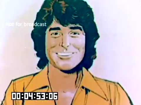 The still is a colorful illustration of a smiling man with a wavy hairstyle, dressed in a bright yellow shirt. The artwork appears to be part of a promotional or advertising segment from a 1977 Kodak sales film. A timestamp at the bottom suggests the duration of the clip, along with a 'Not for broadcast' label, indicating its intended use for internal or promotional purposes rather than public airing.
