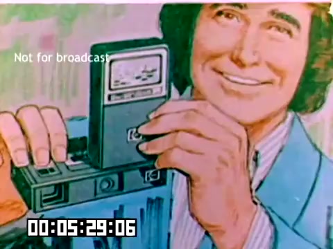 The still features a smiling male figure, likely portrayed by Michael Landon, holding a Kodak camera. The camera is shown prominently as he gestures towards it, suggesting he is promoting its features. The background includes colorful graphics, typical of sales materials from the 1970s. The image is designed for marketing, emphasizing trust and enthusiasm in the product. The text 'Not for broadcast' is overlaid, indicating it is a private or internal film.