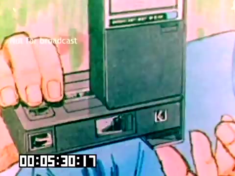 The still features a colorful illustration of a hand holding a Kodak camera, likely a model popular in the 1970s. The camera is shown in close-up, highlighting its design and functions, such as a cassette slot. The background appears to be blurred, drawing attention to the product being showcased. A timestamp indicates the scene's duration, and a watermark indicates it's not for broadcast. The overall aesthetic reflects the marketing style of that era, aiming to capture viewer interest in Kodak's offerings.