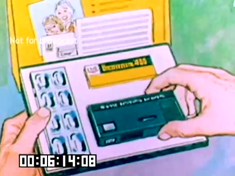 The still from the 1977 Kodak sales film depicts a vibrant animated scene illustrating a camera kit. A person’s hands are shown holding a camera while the background features colorful graphics and images, likely showcasing family moments or Kodak products. The presentation emphasizes Kodak's offerings, highlighting the excitement and ease of using their film and cameras in capturing memories.