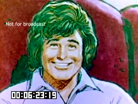 The still from the 1977 Kodak sales film features an illustrated image of a smiling man with wavy, shoulder-length hair, sitting against a red background. The drawing has a colorful, cartoonish style. The text 'Not for broadcast' is overlaid on the image, indicating its private nature. There's a timecode in the bottom corner marking the segment's duration.