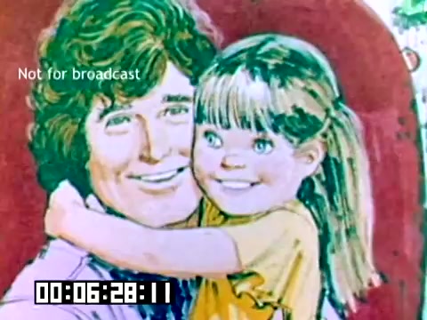 The still features a colorful illustration of a man and a young girl. The man has curly hair and a warm smile, while the girl, wearing a yellow shirt, beams as she hugs him. The background is vibrant, enhancing the playful, affectionate atmosphere. A watermark indicates the footage is not for broadcast, and a timecode is displayed at the bottom. This image likely emphasizes family connections and joy, typical of Kodak's branding in the 1970s.