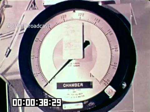 The still shows a gauge labeled 'CHAMBER,' likely used for measuring pressure or gas levels in a medical context, as part of a procedure to treat gangrene. The gauge indicates values above ambient pressure, suggesting it may be related to hyperbaric oxygen therapy. The film is part of an Air Force news report on methods to prevent gangrene and save lives.