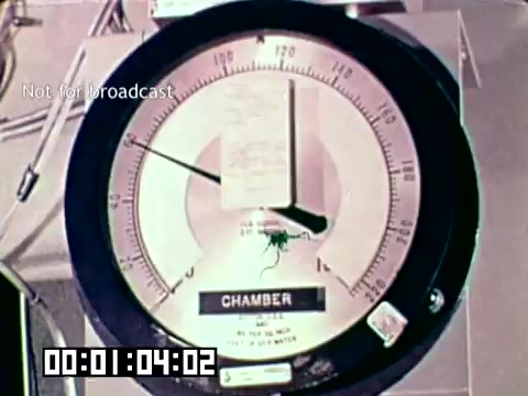 The still shows a pressure gauge labeled 'CHAMBER,' indicating a measurement related to a medical procedure or experiment. The needle points to a specific number, suggesting a controlled environment, likely related to the prevention of gangrene, as highlighted in the Air Force newsfilm. The context implies a focus on medical innovation to save lives in military settings.
