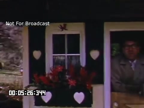 The still features a charming cottage with a window adorned with heart-shaped cutouts and a flower box filled with vibrant flowers. A man, possibly startled or curious, is peering out from the window. The scene exudes a nostalgic, warm atmosphere typical of mid-20th century Americana, capturing the essence of life in and around Battle Creek, Michigan. The colors are rich, as expected from Kodachrome footage, adding to the visual appeal.