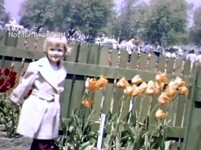The still features a young child smiling in front of a vibrant display of tulips during the Holland Michigan Tulip Festival in the late 1940s. The child wears a light-colored coat and stands near a green picket fence. In the background, other festival attendees can be seen among blooming flowers and trees. The overall atmosphere conveys a joyful celebration of spring.