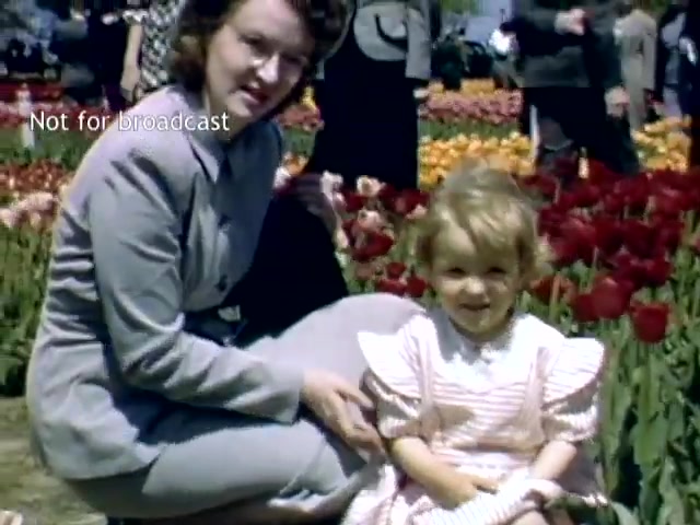 The still features a woman and a young girl sitting in front of a vibrant display of tulips during the Holland, Michigan Tulip Festival in the late 1940s. The woman is dressed in a stylish gray outfit with a vintage hairstyle, while the girl is wearing a light-colored dress with distinct ruffles. The background is filled with colorful tulips and festival-goers, capturing the lively atmosphere of the event.