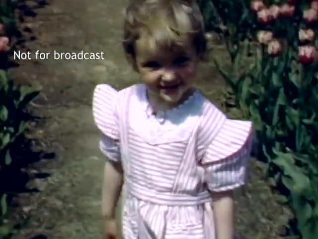 The still features a young girl with curly hair, wearing a striped dress with puffed sleeves, smiling brightly. She stands on a pathway surrounded by blooming tulips, typical of the Holland, Michigan Tulip Festival in the late 1940s. The vibrant colors and the child's cheerful expression capture the festive atmosphere of the event. The text 'Not for broadcast' indicates it's a private or archival image.