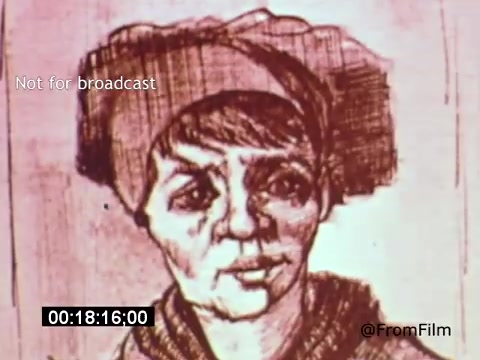 The still from 'Vincent Van Gogh: A Self-Portrait' (1961) features a stylized depiction of a woman with a headscarf, characterized by bold lines and expressive features. The artwork reflects Van Gogh's emotive style, capturing a sense of depth and personality. This film, narrated by Lee J. Cobb, explores the life and artistry of Van Gogh, offering insight into his creative process and struggles.