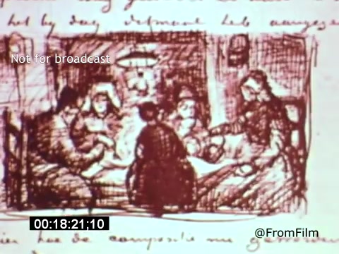 The still from 'Vincent Van Gogh: A Self-Portrait' (1961) features a sketch-like illustration depicting a group of people gathered in an intimate setting. The figures appear engaged in conversation or activity, suggesting a warm, social atmosphere. The visual style is reminiscent of Van Gogh's own drawings, with expressive lines and a muted tone, complementing the film's focus on the artist's life and emotional depth. Lee J. Cobb's narration likely adds context to this scene, enhancing the viewer's understanding of Van Gogh's experiences.