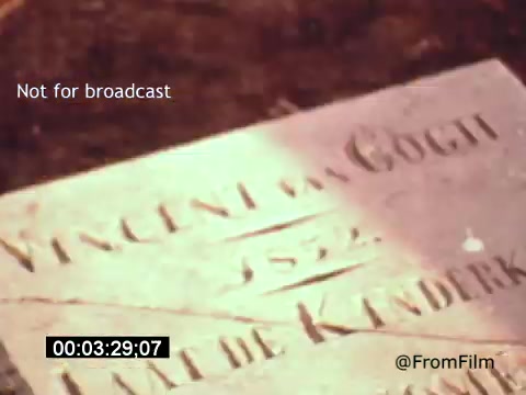 The still from 'Vincent Van Gogh: A Self-Portrait' (1961) features a close-up of a gravestone inscribed with 'VINCENT VAN GOGH' and the date '1853'. This scene evokes a somber reflection on the artist's life and legacy, as the film, narrated by Lee J. Cobb, delves into Van Gogh's experiences and emotional struggles. The shot captures the significance of his burial site, emphasizing the lasting impact of his artistry.
