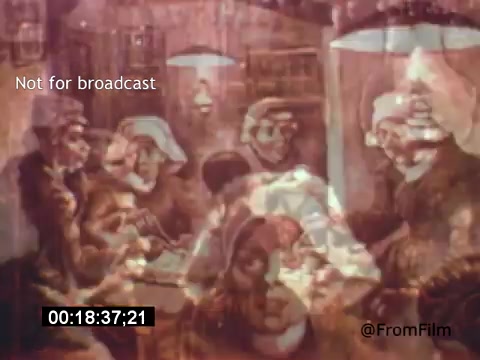 The still from 'Vincent Van Gogh: A Self-Portrait (1961)' captures a richly textured scene featuring a group of figures seated around a table, reminiscent of Van Gogh's style. The colors blend and swirl, creating a hazy, dreamlike quality that evokes the emotional intensity of his artwork. Lee J. Cobb's narration likely adds depth, drawing viewers into Van Gogh's world. The visual composition reflects the artist's exploration of human connection and isolation, pivotal themes in his life and work.