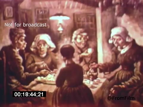 The still from 'Vincent Van Gogh: A Self-Portrait' (1961) depicts a warm, intimate scene featuring a group of individuals gathered around a table, possibly engaged in conversation or sharing a meal. The setting emphasizes the characteristic brushwork and colors reminiscent of Van Gogh's style, enhancing the emotional resonance of the moment. The image captures a sense of community, reflecting the painter's thematic focus on human connection. Lee J. Cobb's narration likely adds depth to this evocative visual.